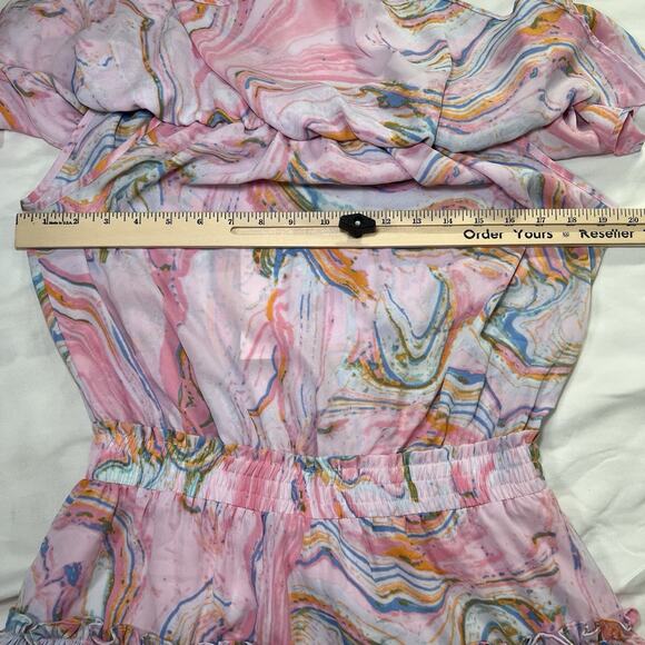Buddy Love Dress Size M Pink Swirl Off Shoulder Smocked Waist Chiffon Mini NWT - Picture 6 of 12